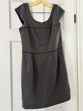Classic Gray Cap-Sleeve Dress with black piping detail.